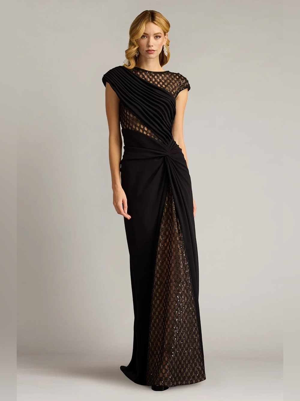 Tadashi Shoji Black Lace-Panel Maxi Gown